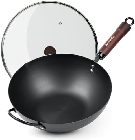 BIELMEIER Carbon Steel Wok, 12.5 Inch Stir Fry Pan with Lid, Natural Non-Stick Flat Bottom Wok for All Cooktops, Pre-Seasoned for Asian Cuisine, Sauté, Searing - Thumbnail 2