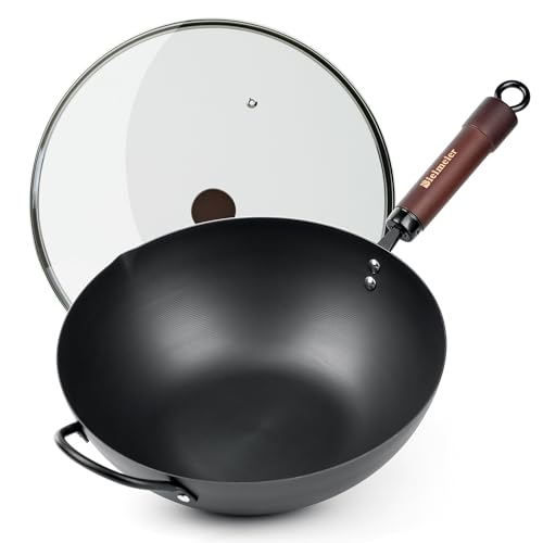BIELMEIER Carbon Steel Wok, 12.5 Inch Stir Fry Pan with Lid, Natural Non-Stick Flat Bottom Wok for...