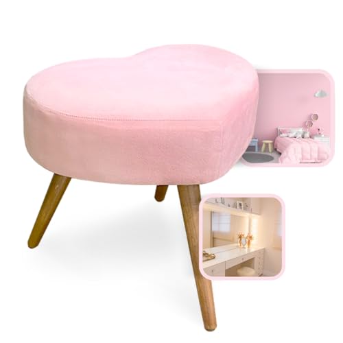 Banqueta Decorativa Redonda de Aveludado com Motivo de Coração