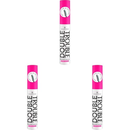 essence DOUBLE TROUBLE MASCARA EXTRA BLACK, Schwarz, langanhaltend, volumengebend, schwunggebend, intensiv, vegan, ohne Mikroplastikpartikel, Nanopartikel frei, ohne Parfüm, 3er Pack (12ml)