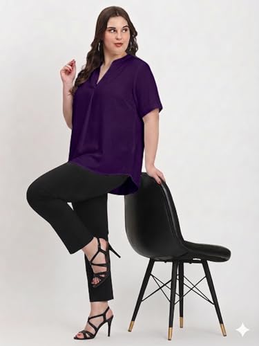 Image of SINDOORI Relaxed Fit Tops for Women Plus Size Solid Printed Mandarin Collar, Band Collar, V-Neck Top, Half Sleeve Loose Fit