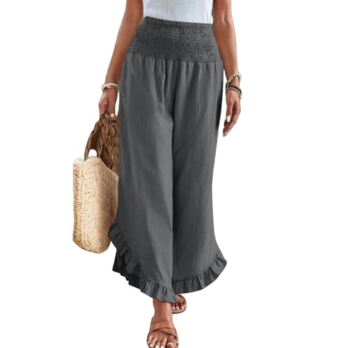 Linen Wide Leg Pants for Women Stretch Smocked High Waisted Ruffle Hem Palazzo Pants Summer Casual Loose Beach Pants