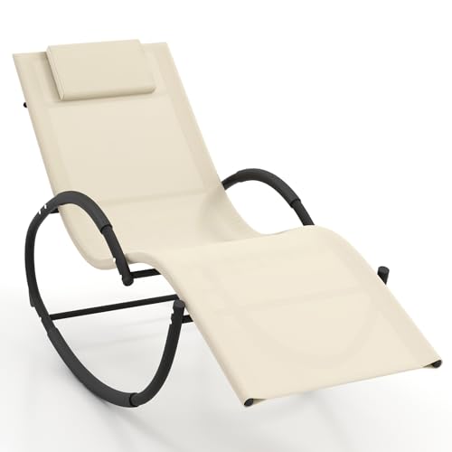 Giantex Outdoor Rocking Lounge Chair, Zero Gravity Rocking Chair with Removable Headrest, Breathable Backrest & Seat, Wrapped Armrests, Cozy Sun Lounger for Patio, Pool, Yard, Garden, Beige