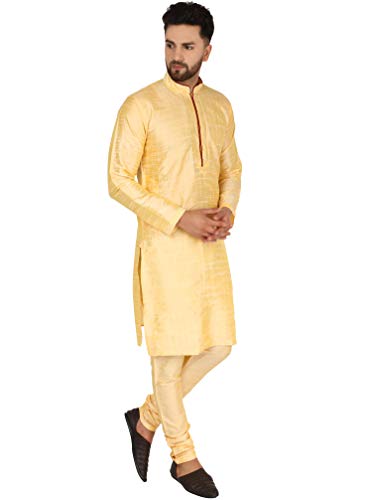 Image of SKAVIJ Men's Art Silk Thread Work Kurta Set Woven Design Festive Embroidered Ethnic Dress (KP028beige Beige L)