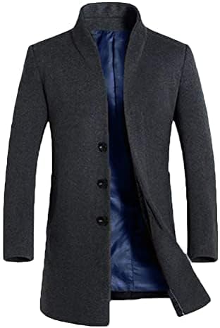 FTCayanz Men's Wool Trench Coat Slim Fit Overcoat Winter Single Breasted Long Pea Coats With Pockets