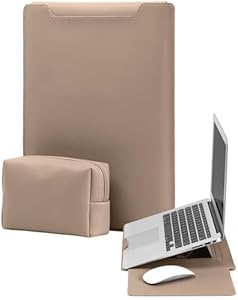YealRed 13, 3–14 Zoll Laptop Hülle für MacBook/iPad/Surface/Lenovo/HP Weitere Laptops, Aus Hochwertigem PU-Leder, Mit Ständer + Mauspad, Kratzfest, Wasserfest, Mit Ladegerätet Tasche (Helle Sandfarbe)