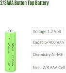 1.2v 2/3 AAA 400mah NiMH Rechargeable Batteries with Button Top for DIY LED Solar Light,12 Packs(Not AAA Size)