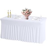 JCJ Table Skirt for Rectangle Tables Spandex Fitted White Tablecloths for 6FT Tables, Wrinkle Res...