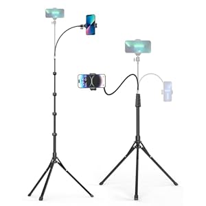 Aureday Phone Tripod, 92″ Cell Phone Tripod Stand with 15″ Gooseneck, Remote and Phone Holder, Overhead Tripod ＆ Selfie Stick for Recording/Watching/Vlog, Compatible with iPhone Android