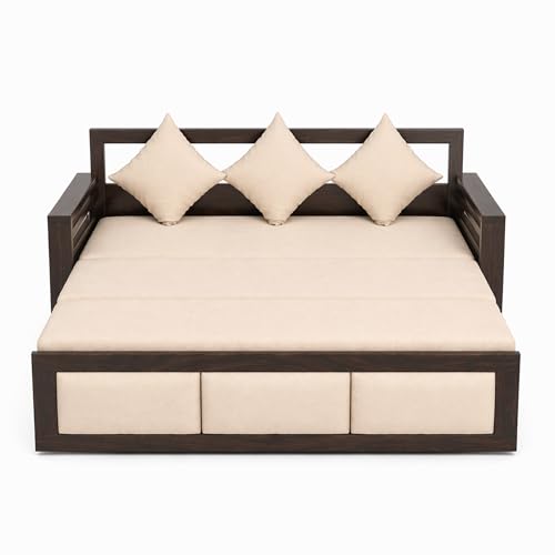 Image of SONA ART & CRAFTS Zeus Sheesham Wood 3 Seater Sofa Cum Bed | Wooden 3 Seater Sofa for Living Room Wooden Furniture Sofa Bed for Home (Walnut Finish)