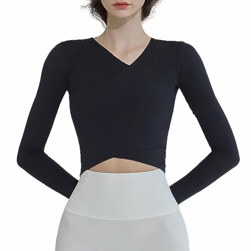 Generic Deviwear Pilates Banded wrap crop tee Lightweight Nylon Spandex with V-Neck, Moisture Wicking, Slimming DEVI-T0081 (US, Alpha, Large, Regular, Regular, ASH NAVY)