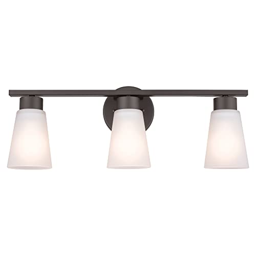 Image of Kichler Stamos 3-Light Bathroom Vanity Light Fixture with Satin Etched Glass Shades, 22 in Modern Wall Light in Olde Bronze for over Mirror (22 in x 5 in x 8 in), 45887NI