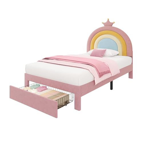 BTM Upholstered Single Bed with Drawer and Adjustable Rainbow Headboard, Soft Velvet Single Bed Frame with Storage Drawer, Stylish Rainbow Headboard with Crown, 3ft-90x190cm, Pink (No Mattress)