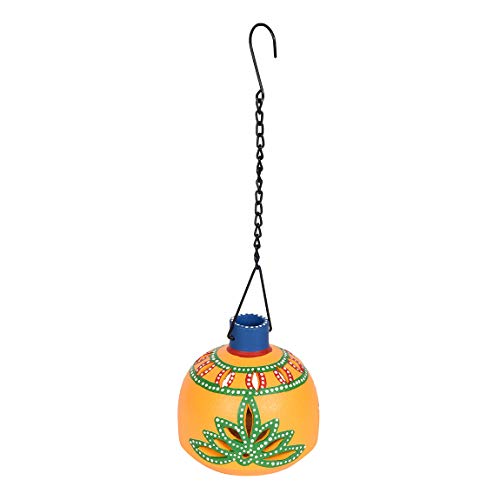Image of AAKRITI ART CREATIONS Terracotta Handpainted Yellow Matki Hanging Tea Light | Floral Art Handmade Decor | Matte Finish Terracotta Decorative Hanging Items for Home | Handpainted Decor