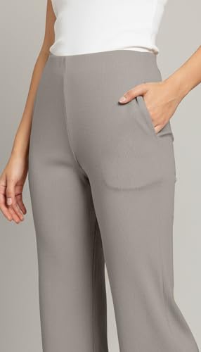 Image of Mehrang High Waisted Wide Leg Ribbed Knit Trousers with Pockets | Casual and Stretchy Pants | for Women