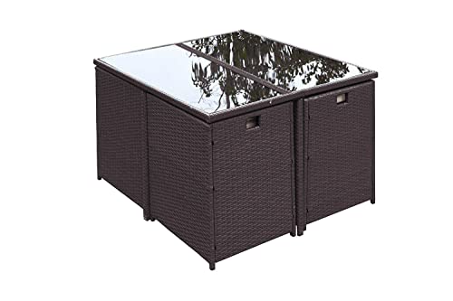 CONCEPT USINE - Salon De Jardin Florida 8 Personnes en Résine Tressée Marron - 1 Table en Verre - 4 Fauteuils - 4 Poufs - Coussins Blanc - Encastrable,...