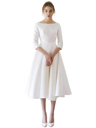 White Satin Short Wedding Dresses for Bride Tea Length 2025