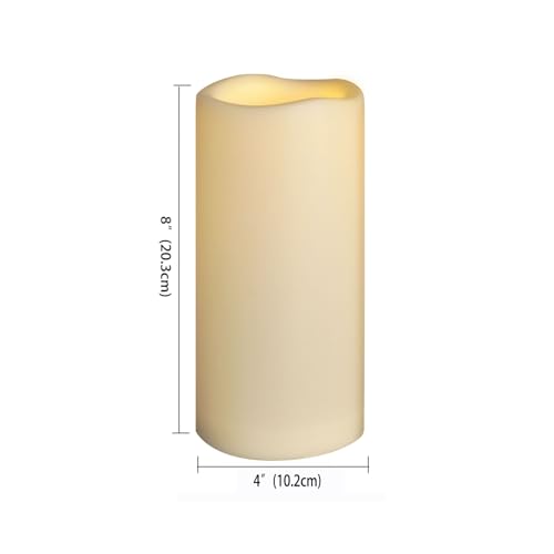 Image of CANDLE CHOICE Large Waterproof Outdoor Battery Operated Flameless Candles Remote Timer Big Ivory Plastic Bright Flickering Electric LED Pillars Lantern Patio Garden Wedding Decoration 4 inch(D)x8 inch(H) 2PCS
