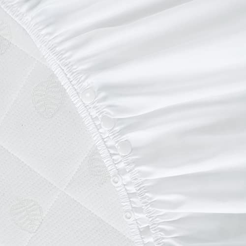 Image of Crib Bed Skirt 14 inch Drop, Fits 28 inchx52 inch Crib, Adjustable, White | 4-Sided Design, Adjustable Elastic Straps, Soft Polyester, Fade & Shrink Resistant, Machine Washable, Fits Standard Cribs
