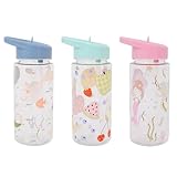 YöL Pack of 3 Patterned Kids Water Bottle With Flip Straw, Lid With Carry Handle - Water Juice School Sports Baby Toddler Children Boys Girls Cup BPA-Free