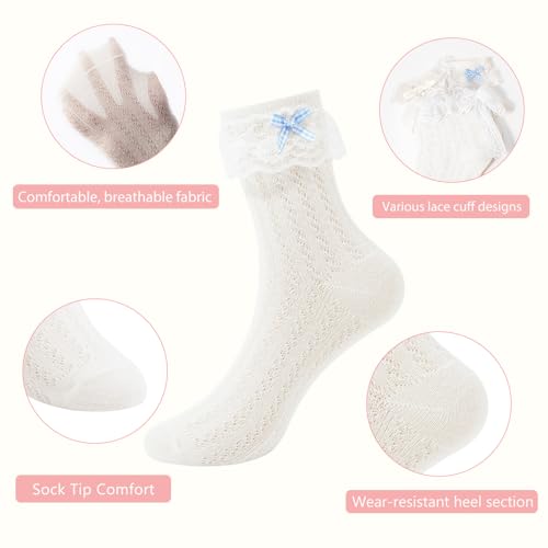 Image of YOYOU Lace Socks Women Off White Bow Lace Ruffle Ankle Socks for Dress Lolita 3 Pairs