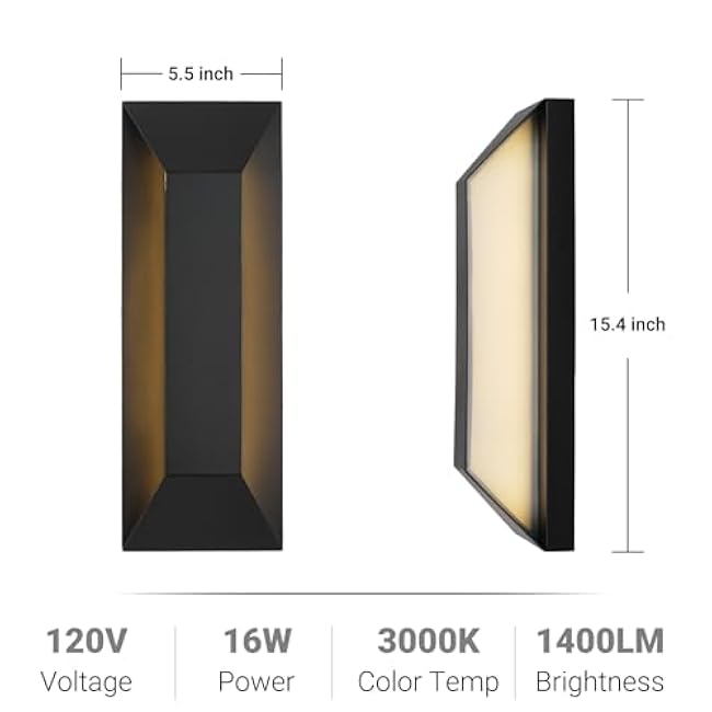 Modern LED Outdoor Wall Sconce, Exterior Black Sleek Lighting Fixture, 16W 3000K Porch Light for Front Door, Garage, Patio, and House, Waterproof Outdoor Wall Mount Light