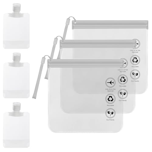 3 sacchetti trasparenti da viaggio da 20 x 20 cm, sacchetti per liquidi di sicurezza aeroportuale, riutilizzabili, con 3 sacchetti ricaricabili da 50 ml, sacchetti da viaggio portatili per aerei,