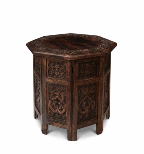 The Wooden Town End Tables for Living Room– Hand Carved Vintage Boho Folding Side Tables for Small Spaces, Entryway, Living Room, Bedroom – No Tools Assembly, 18"x18" Octagon, Scorch Burnt Finish