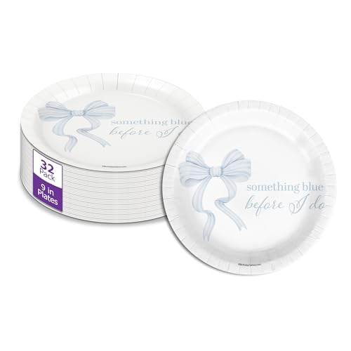 Birthday Galore Something Blue Before I Do Bridal Shower - 32 Piece Disposable Party Supplies - Blue Bows Bridal Shower Decorations - Round Party Plates - Large 9" Paper Plates In Bulk
