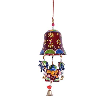 Handicraft rajasthane Wooden Colored Desing Decorative showpice Wind Chimes for Home Balcony Garden Positive Energy, Home Decor Hanging Long Bells Ganesh with Elephant (Set of 1 Piece) Maroon