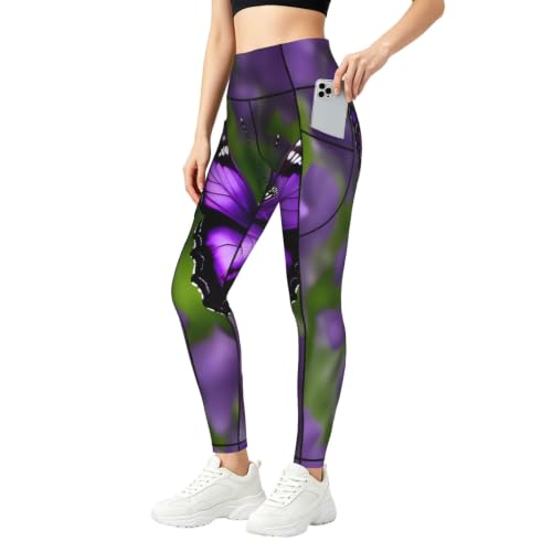 Mallas de yoga opacas con estampado de mariposas moradas y bolsillos