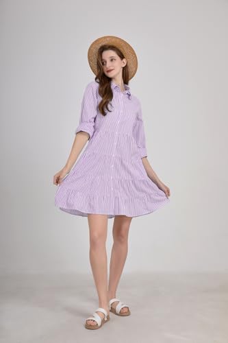 Image of utcoco Womens Striped Button Down Midi Shirt Dress Casual Loose Cuffed Long Sleeve Mid Long Dresses