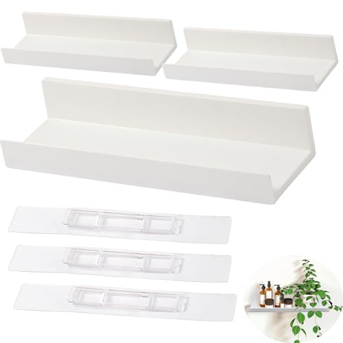 Yhuasia Etagere Murale sans Percage - Lot de 3 Tablettes Flottantes Blanches Brillantes pour Cadres Photo, Salon, Bureau, Salle de Bain, Cuisine