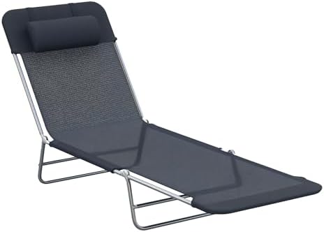 Outsunny Folding Chaise Lounge Pool Chairs, Outdoor Sun Tanning Chairs with Pillow, Reclining Back, Steel Frame & Breathable Mesh for Beach, Yard, Patio, Black