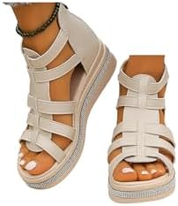 Platform Gladiator Sandals for Women Rhinestone Summer Wedge Shoes Beige,7.5-8
