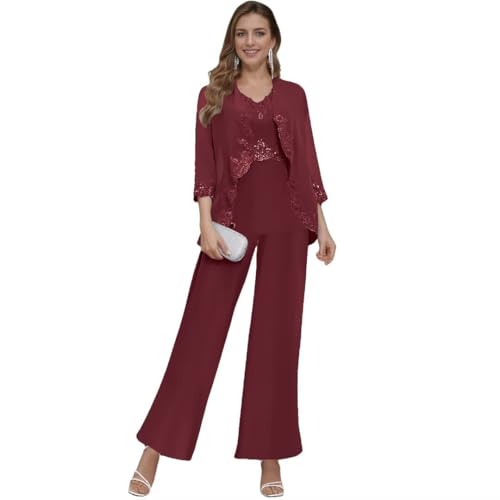 Elegant Burgundy Chiffon Lace Pant Suits for Women – Perfect Mother of the Bride Attire by TIANMEI, Size 18 Plus