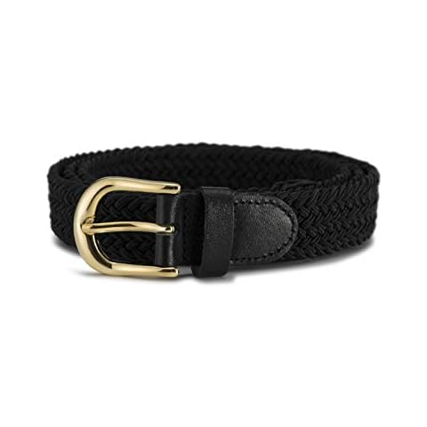STREEZE Ladies Stretch Belts - 5 Sizes Elasticated Woven Braided Fabric. 1 inch Wide with Gold Buckle (Large, Black) Cover