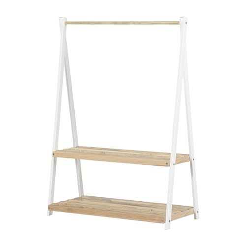 South Shore Sweedi Wooden Clothes Rack with Storage Shelves for Kids, White and Natural