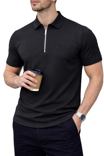 Image of Mack Jonney Men Ribbed Polo T-Shirt | Regular Fit | Half Sleeve | Zip Collar Casual T-Shirt-MJ-94