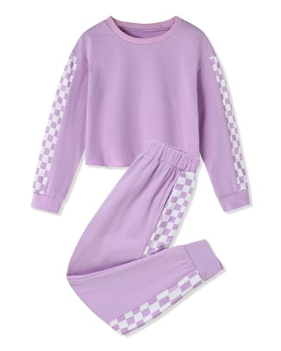 Image of SANMIO Toddler Girl Clothes 2 Piece Outfits Girls Tracksuit Activewear | Long Sleeve Crewneck Checkered Sweatshirts and Sweatpants Casual Fall Winter Clothing Set
