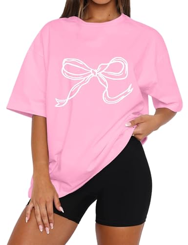 MISSACTIVER Women’s Oversized Bow Graphic T-Shirt Drop Shoulder Short Sleeve Graphics Tee Shirt Casual Outfit Going Out Top