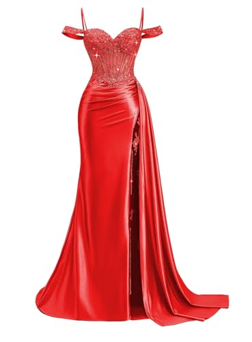 Off Shoulder Beaded Prom Dresses 2026 Long Satin Mermaid Formal Dresses Lace Pleated Evening Dresses...
