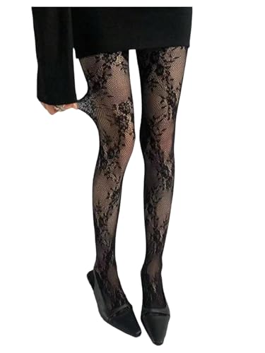 Image of RoseSeek Women's Floral Lace Fishnet Tights Kawaii Y2K See Through Stocking | Sheer Mesh, Lace Tights, Floral Lace Fishnet Tights, Thigh Highs, Leggings, Y2K Stockings
