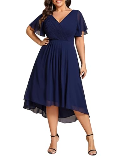 Image of Ever-Pretty Women's Spring Chiffon V-Neck Plus Size Formal Wedding Guest Dress Short Sleeves Cocktail Dresses for Curvy Women Navy Blue US10