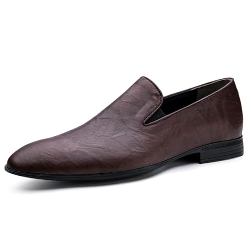 Mens Casual Genuine Leather Slip On Loafers Shoes Non Slip Round Toe Lightweight Soft Dress Smoking Penny Shoes for Driving Work Walking Formal Uniform Prom Weddings Office