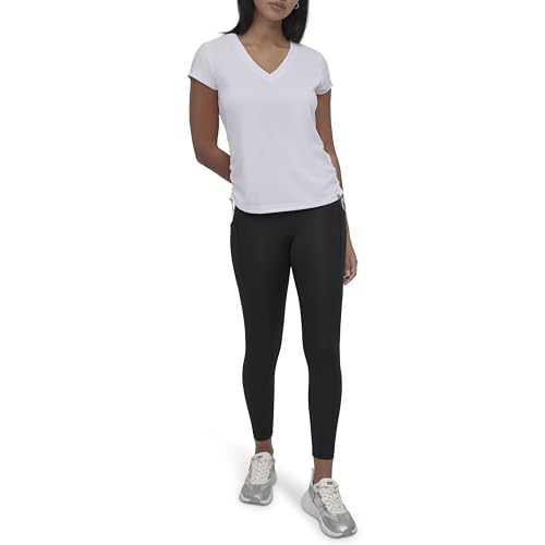 Image of DKNY Women's Short Sleeve V-Neck Tech Ruched Side Seam Active T-Shirt