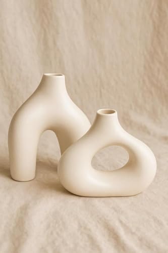 Image of SPHINX Ceramic Abstract Vase Set of 2 (7.5 & 5 Inch) | Nordic Minimalist Hollow & Arch Shaped Vases for Home, Table, Shelf, Office & Boho Decor | Matte Beige Modern Decorative Potter