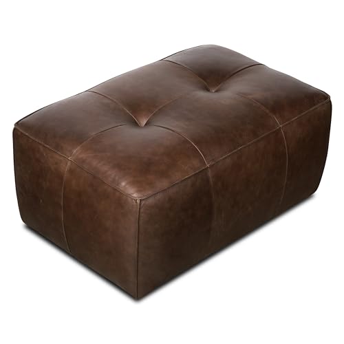 Image of Poly & BARK Capa Ottoman - 37 inch Rectangle Pouf with Feather-Down Topper - Full-Grain Leather Upholstered Pouf Ottoman for Living Room - Vintage Italian Leather in Chocolate Brown