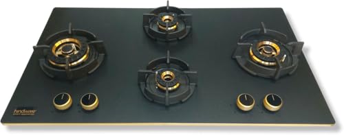 Image of Hindware IVANA 4B 90 CM | Built in Hob With Flame Failure Device | Frost Glass with Golden Coated SS Strips | Gold Metallic Finish & Jet Black Knobs