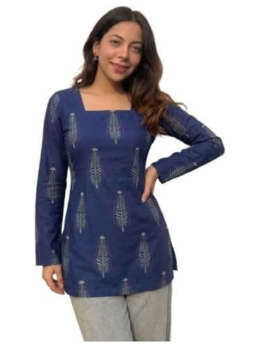 Image of ANNI Designer Women's Viscose Blend Printed Short Kurti | Straight Fit Ethnic Top with Square Neck | Bell Sleeve Indian Kurta for Office College, Party